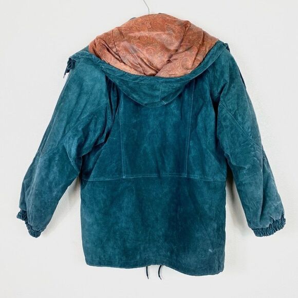 Vintage Flight Club Teal Suede Hooded Bomber Jacket - Picture 3 of 5